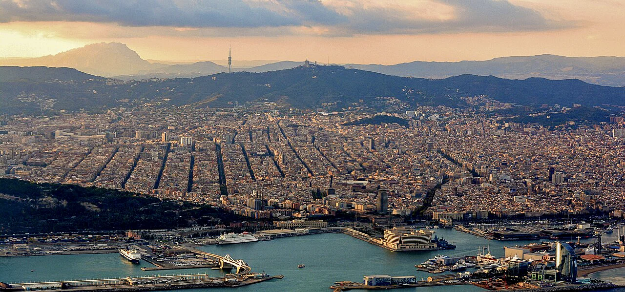 Destination view of Barcelona. Evening light over Barcelona