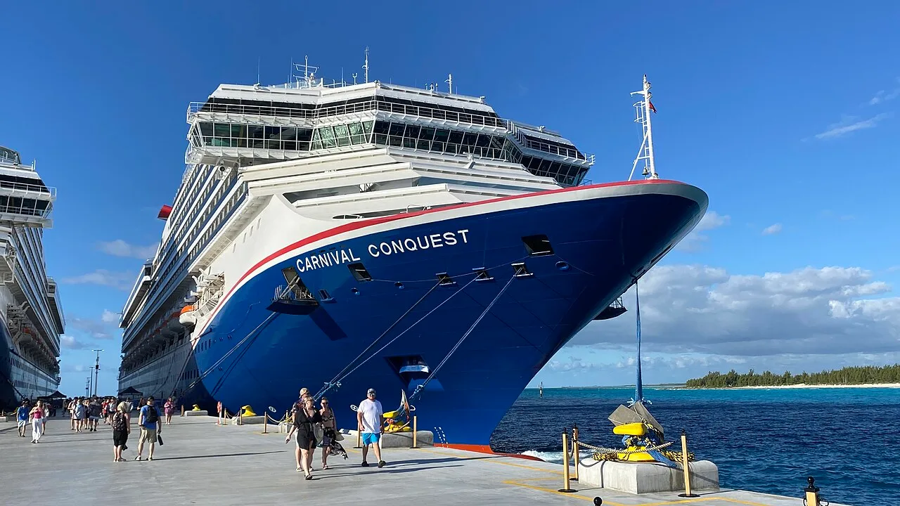 Destination view of Celebration Key. Carnival Conquest (ship, 2002) docked in Celebration Key (February 2026)