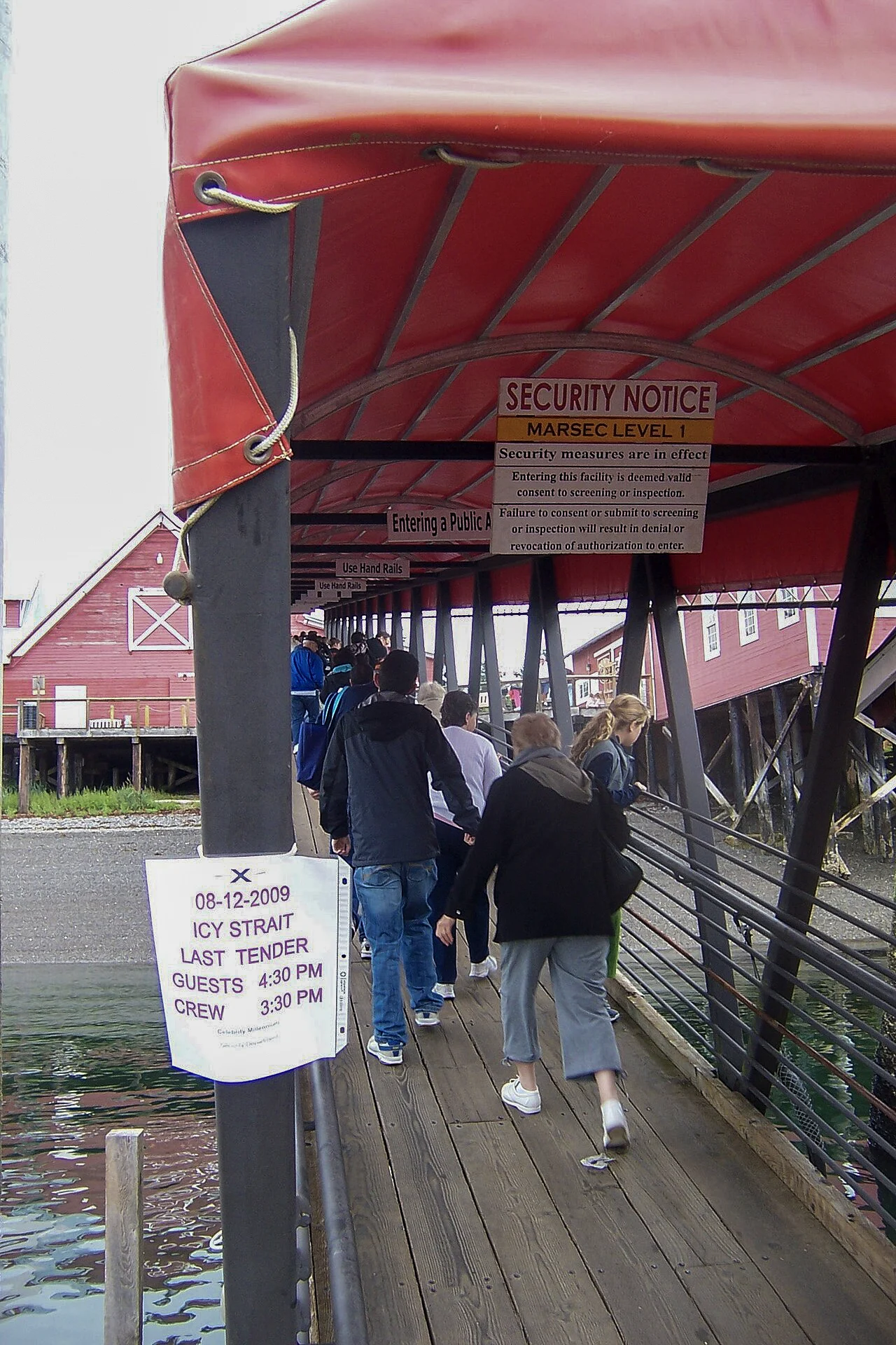 Destination view of Icy Strait Point. Cruise ship passengers arrive at Icy Strait Point 2009
