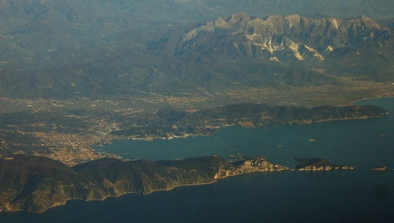 Destination view of La Spezia. Golfo di La Spezia Italy aerial view