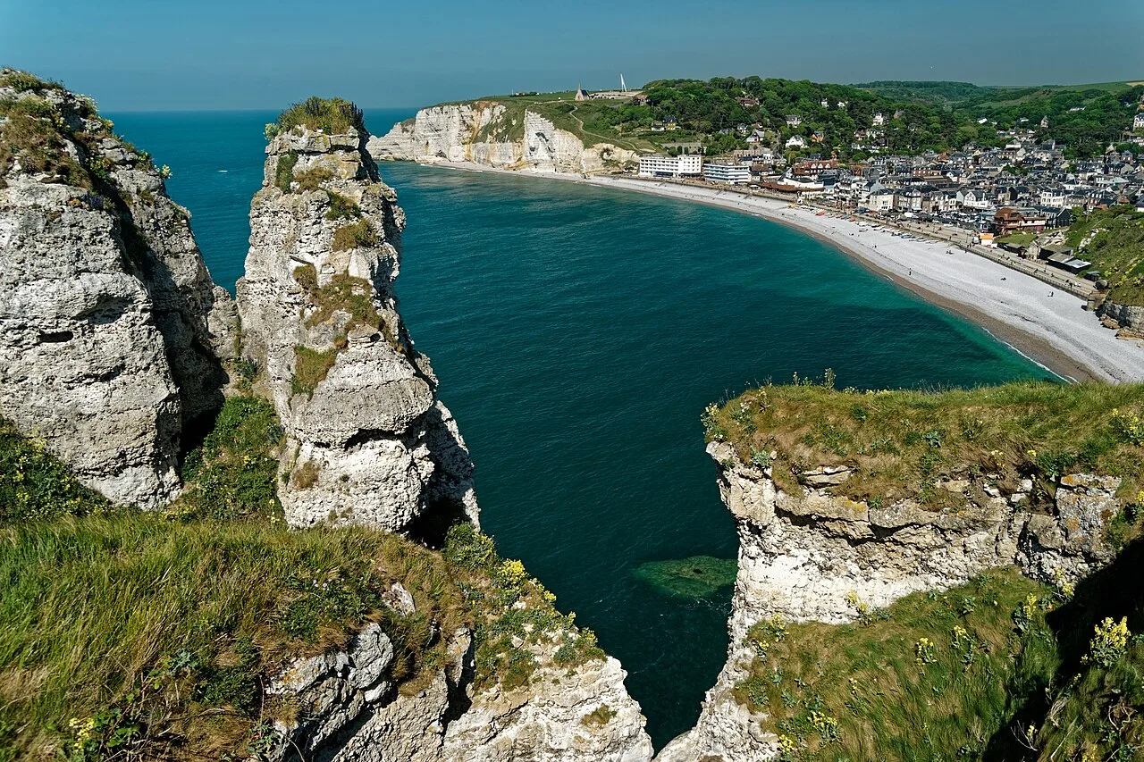 Destination view of Le Havre (Paris). Étretat - La Falaise d'Aval - View NE on La Falaise d’Amont & Étretat II