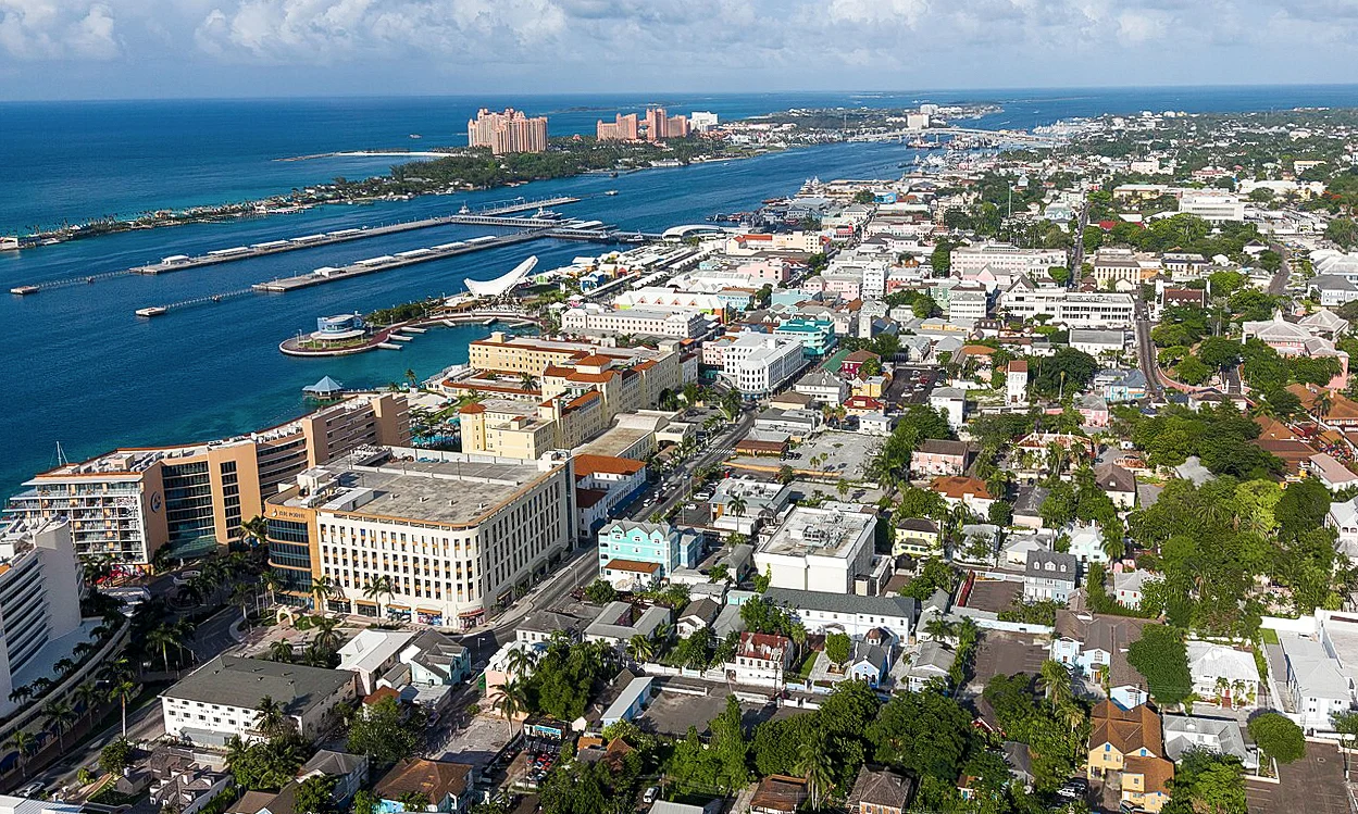 Destination view of Nassau. Nassau, Bahamas aerial view (cropped)