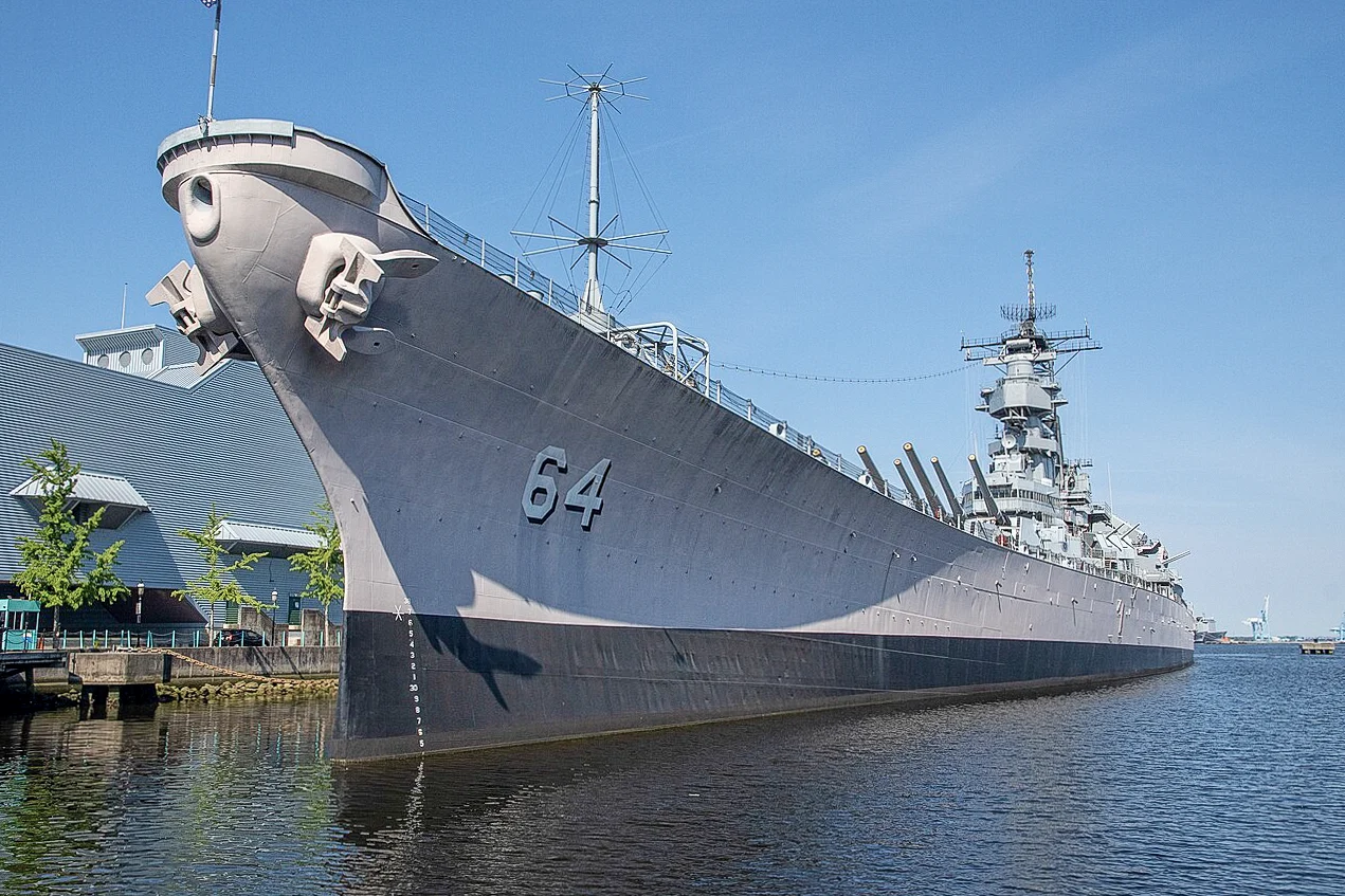 Destination view of Norfolk. The Wisconsin Battleship in Norfolk, VA