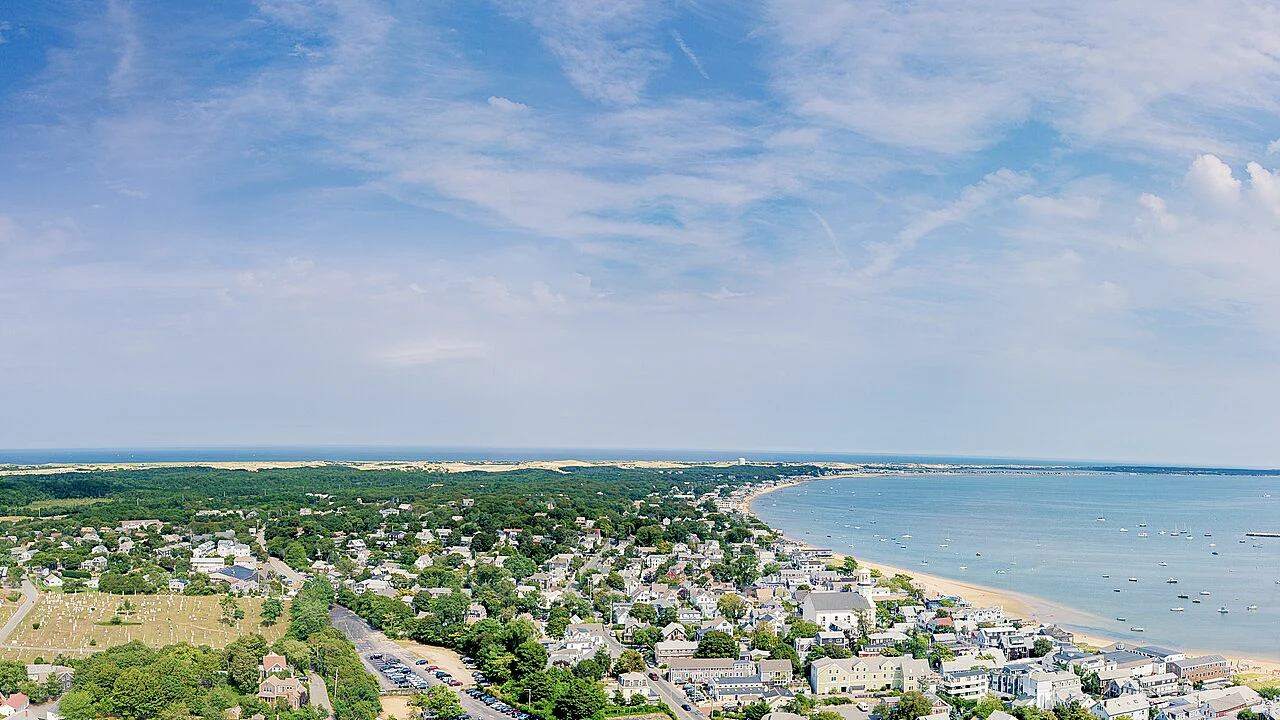 Destination view of Provincetown. View of Provincetown from Pilgrim Monument looking east, MA, USA - Sept, 2013