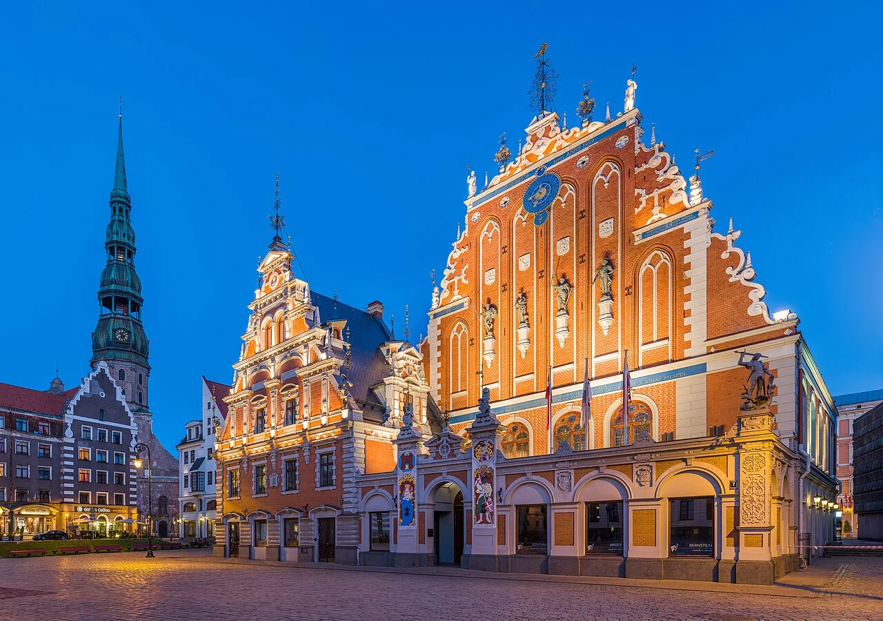 Destination view of Riga. House of Blackheads and St. Peter's Church Tower, Riga, Latvia - Diliff