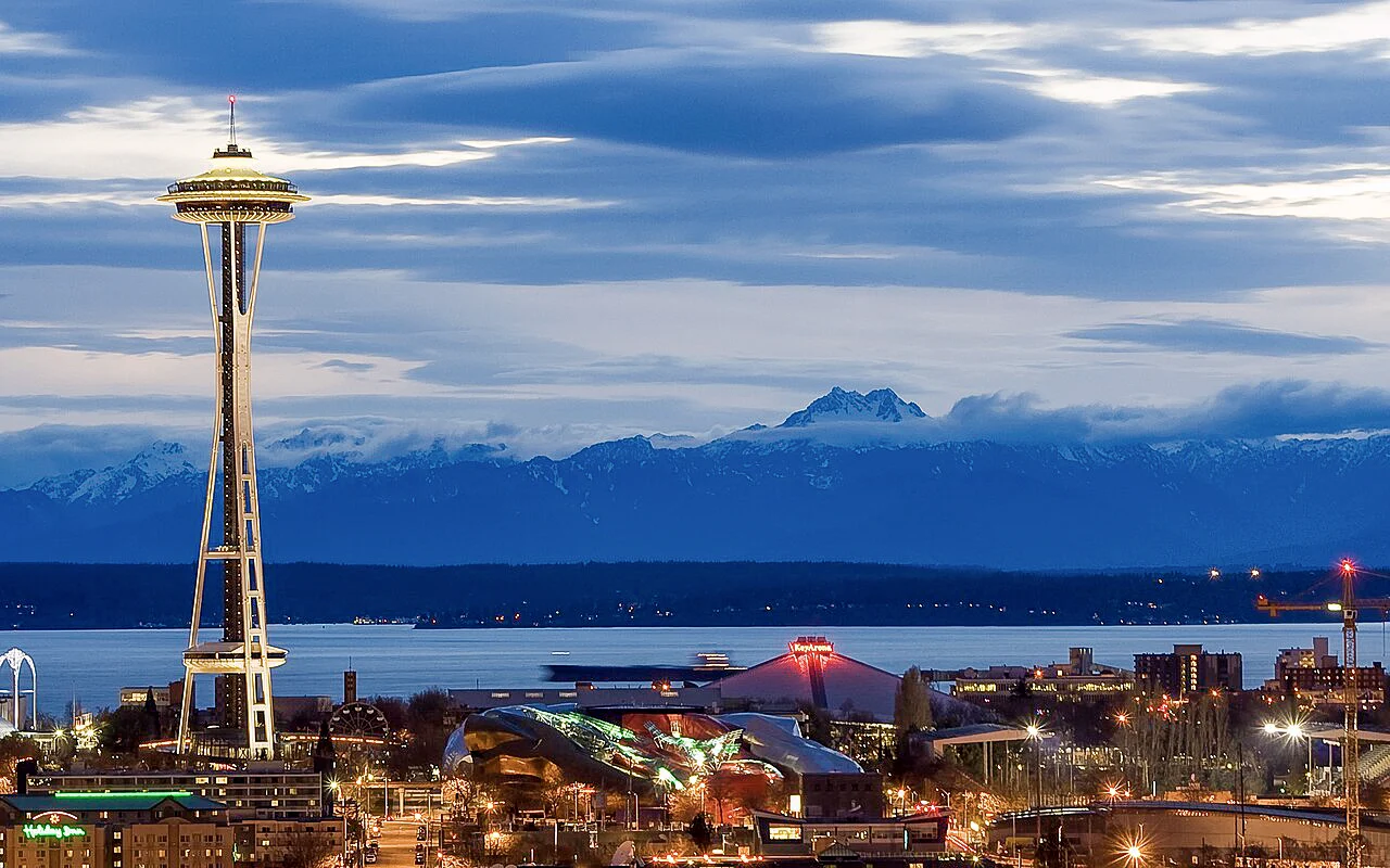 Destination view of Seattle. Seattle Center as night falls