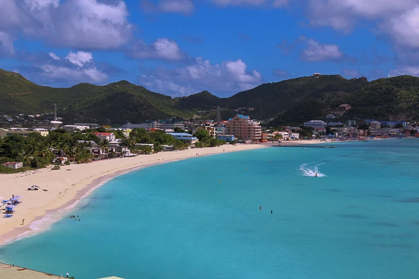Destination view of St. Maarten. Philipsburg and the Great Bay, Sint Maarten, Caribbean